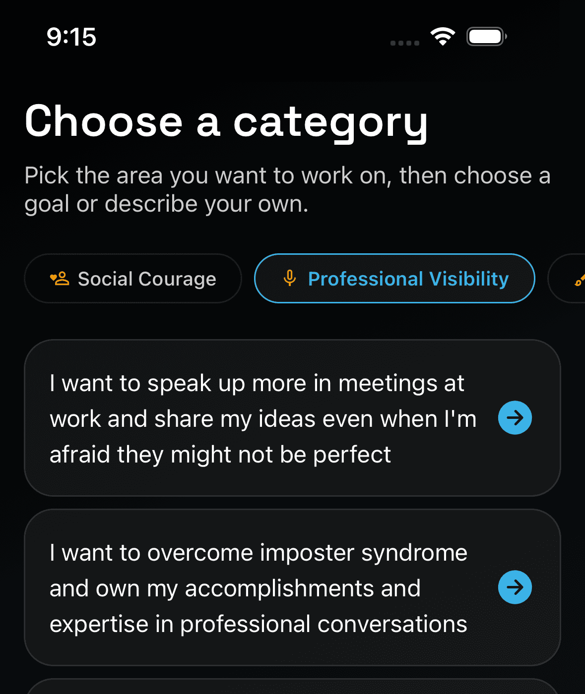 Fearless app — Choose your category