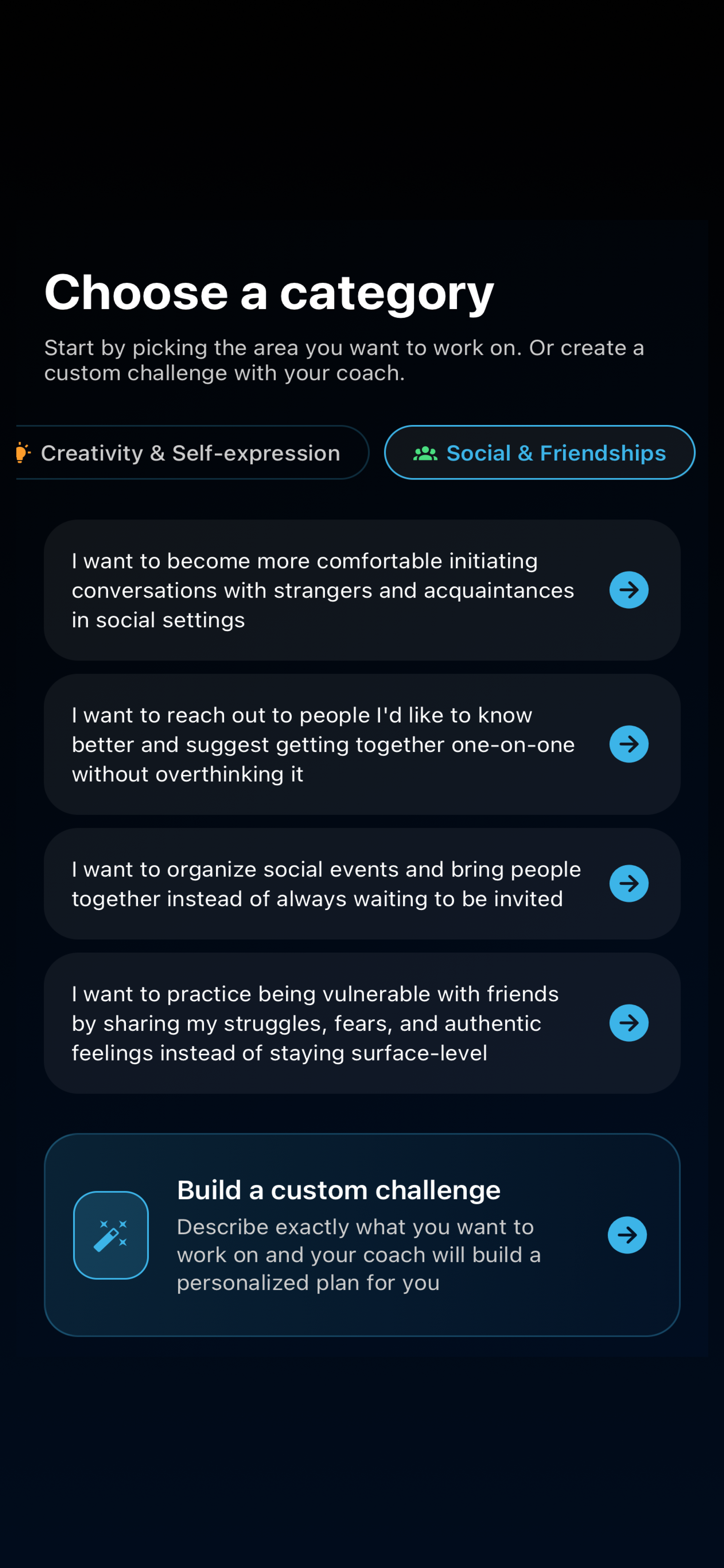 Category selection screen